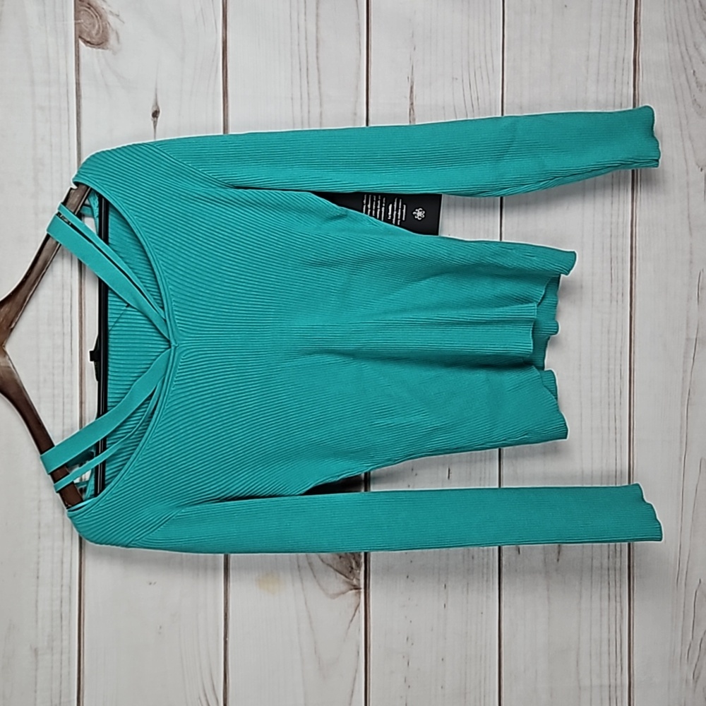 NWT La Rambla Teal Strap Cut Out Ribbed Sweater - Size Large